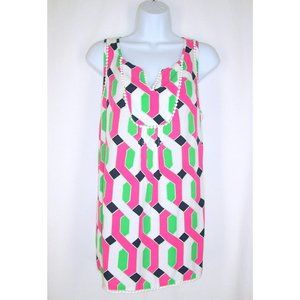 Crown & Ivy Tank Top Sleeveless M Pom Pom Lace Trim Geometric Pink Green Blue